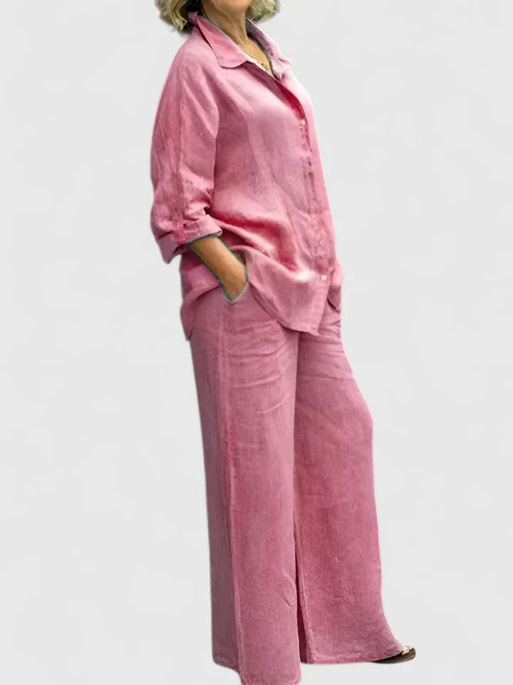 Luna – Pleated Button Up Shirt and Wide Leg Pants Set