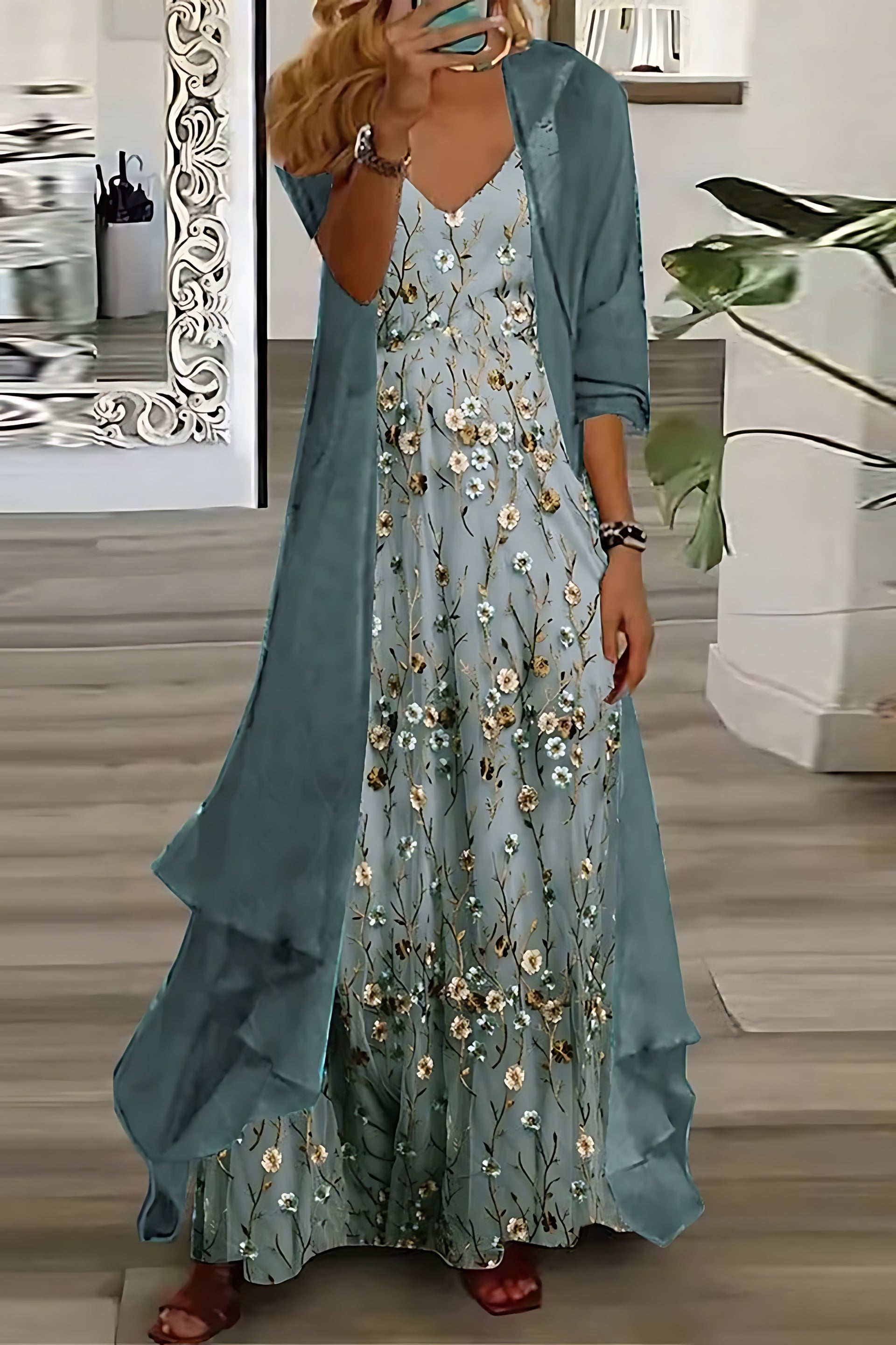 Women's Floral Wedding Guest Maxi Dress and Duster Cardigan Set