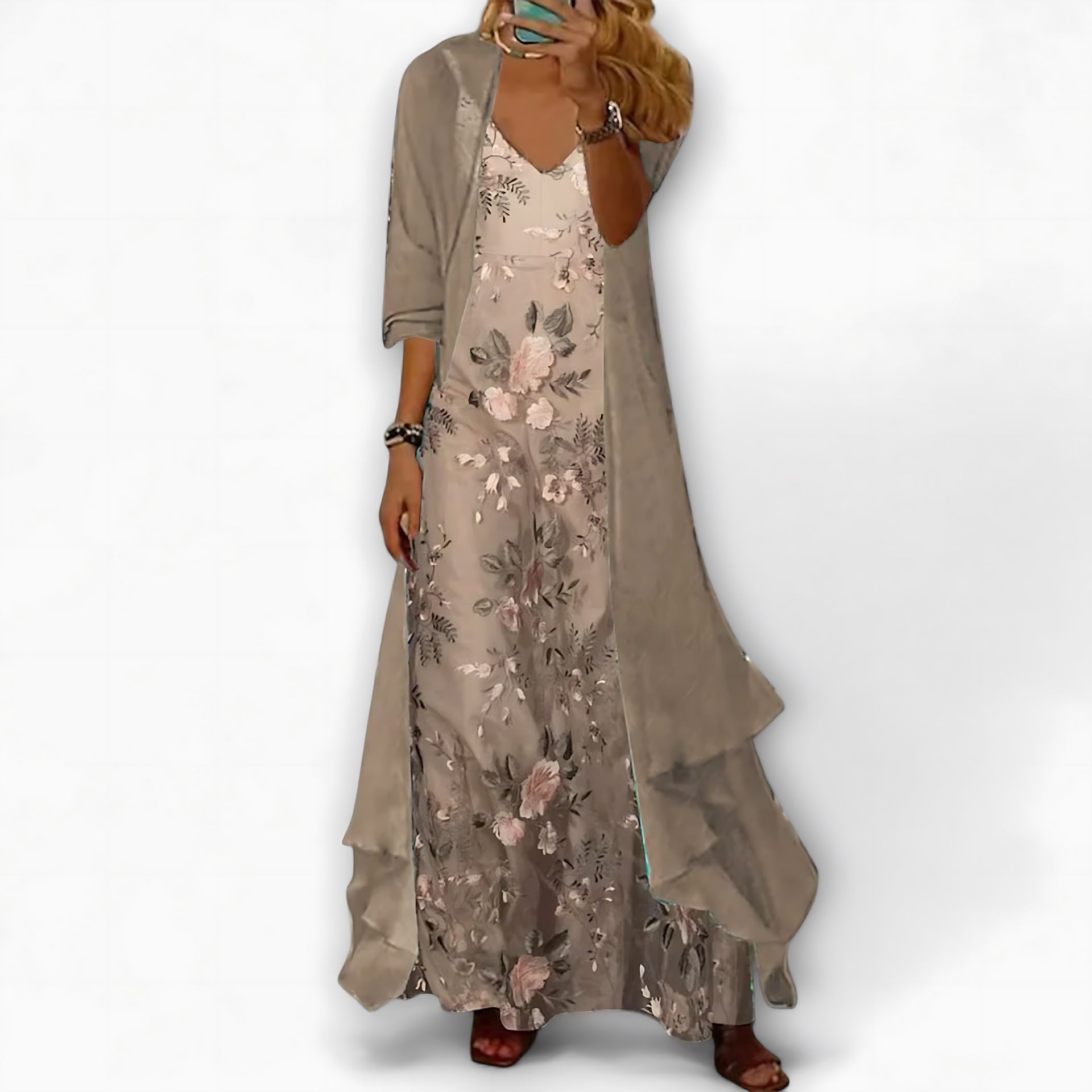 Women's Floral Wedding Guest Maxi Dress And Longline Cardigan Set